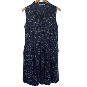 Uniqlo Navy Polka Dot Dress Pockets Sleeveless Sz L Pleated Button Front Womens
